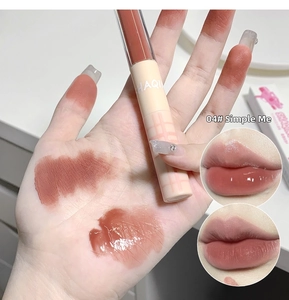Lip glaze swatch detail of shade 04 on hand with matte and glossy finish comparisons