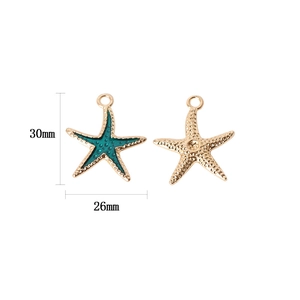 Golden starfish charms in 30x26mm size with teal enamel and textured metal finish