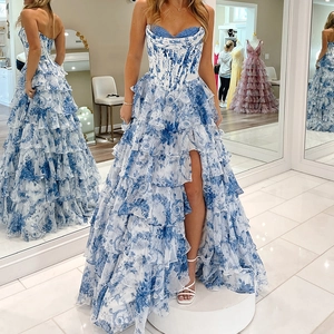 Elegant Strapless Floral Print Maxi Dress Women Tiered Ruffle High Slit Corset Evening Party Gown Blue White Pink