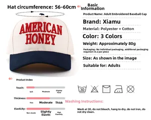 Detail of American Honey embroidery on two-tone cotton baseball cap with curved brim
