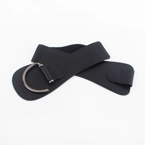 Wide black corset belt with elastic band and silver D-ring buckle on white background