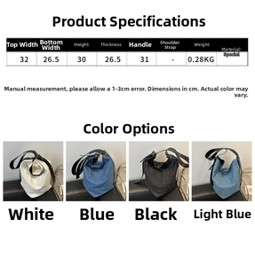 Größentabelle für Denim-Schultertasche: Breite 32cm, Höhe 30cm, Henkel 31cm, Gewicht 0,28kg
