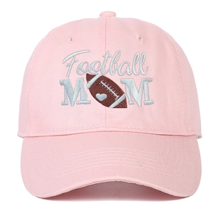 Close-up of pink cotton baseball cap with Football MOM embroidery and heart ball design