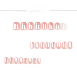 Detail of 24 pieces of glossy pink square press-on nails arranged by size on white background