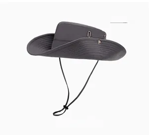 Detail of grey quick-dry outdoor sun hat with metal air vents and adjustable chin strap