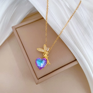 Titanium steel fairy necklace with purple gradient heart gem and diamonds on silk