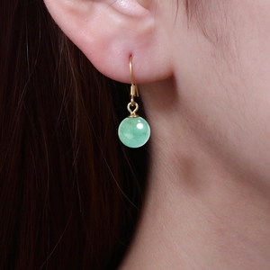 Elegant S925 silver earrings with round green aventurine jade on gold ear hooks