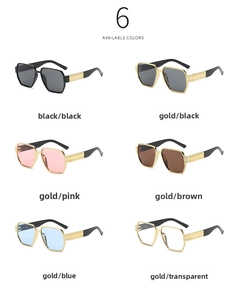 Six colors of vintage oversized geometric sunglasses with wide metal temples in a row