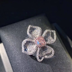 Flower Ring Copper With Pink Zircon Full Pavé Rhinestone Elegant Luxury Cocktail Jewelry For Women