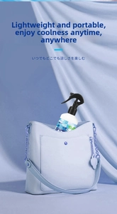 Portable cooling spray inside a blue chain bag for summer heat relief and travel