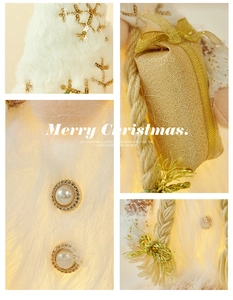 Macro detail of plush Christmas gnome with golden sequin snowflake and pearl accents