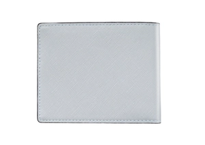 Closed light blue men's wallet with cross pattern texture and neat edge stitching