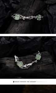 Detailed macro view of S925 silver bamboo-style bracelet with green aventurine jade