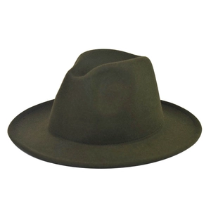 Detail view of olive green flat brim wool fedora hat with metal buckle leather band