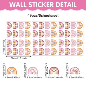 Boho rainbow heart wall sticker set for kids room with 49 pieces on 6 sheets