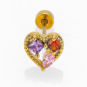 Boucle d'oreille cœur dorée avec zircons multicolores et fermoir à vis sécurisé