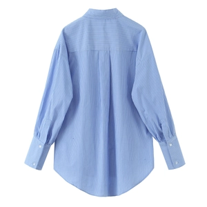 Blue striped long sleeve loose shirt with curved hem and back pleat detail