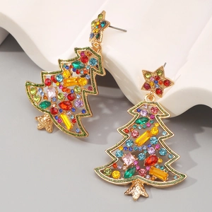 Christmas tree drop earrings with colorful rhinestones and gold alloy frame