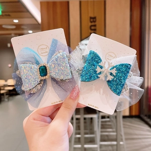 Princess lace hair clips with blue mesh bow, sequins, and snowflake charm for girls