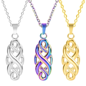 Close-up of stainless steel witch knot necklaces in silver, rainbow, and 18k gold finishes