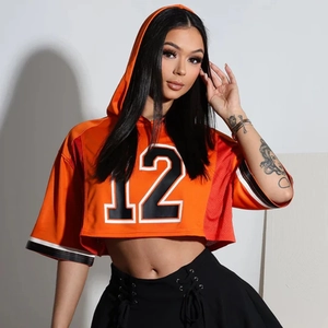 T-shirt Court À Capuche Pour Femme En Maille Respirante Maillot De Sport Imprimé Graphique Streetwear Décontracté Orange