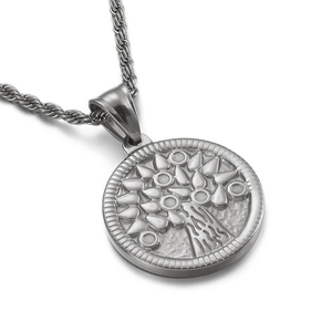 Stainless steel Tree of Life round pendant necklace with embossed silver finish detail