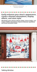Macro detail of red Christmas tree window stickers with snowflake and reindeer patterns