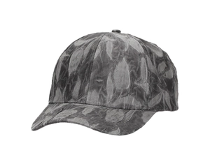 Macro shot of gray baseball cap featuring embossed leaf texture and structured six-panel crown