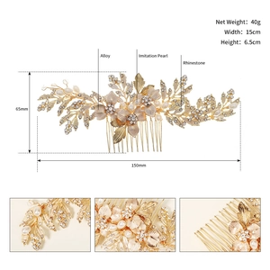 Handmade bridal hair comb with gold floral leaves, pearls and rhinestones, 15x6.5cm