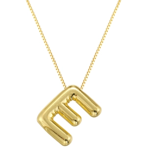 Macro shot of gold balloon style letter E pendant with polished mirror finish on box chain