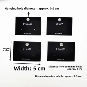 Detail view of black 5x3.5cm earring cards with Fashion logo and 925 silver post text