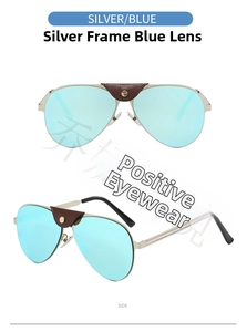 Vorder- und Seitenansicht der silbernen Pilotenbrille mit blauen Gläsern und Ledersteg