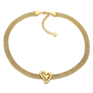 Golden mesh chain necklace with 3D heart pendant and lobster clasp on white background