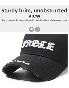Detail of vintage distressed baseball cap featuring 3D FABLE embroidery and torn brim