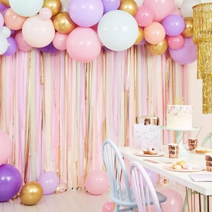 Pastel macaron balloons and gold tassel curtains set for birthday party decorations