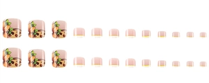 Set of 24 nude pink press-on toenails featuring sunflower and leopard print designs