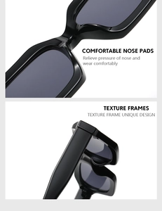 Detail of black rectangular sunglasses featuring comfortable nose pads and textured frames