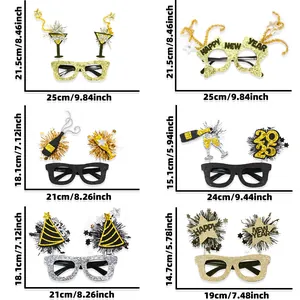 Detailed size chart for 6 types of 2026 New Year glitter party eyewear with dimensions