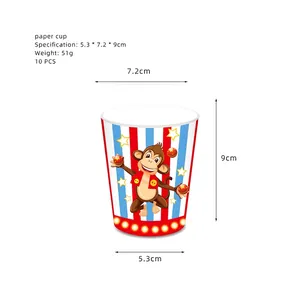 Detail view of 10-piece carnival party circus paper cups with juggling monkey patterns