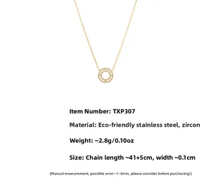 Macro view of stainless steel necklace with double circle 5A zircon pave pendant