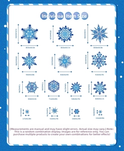 Size specifications for double-sided silver snowflake window stickers in centimeters and inches