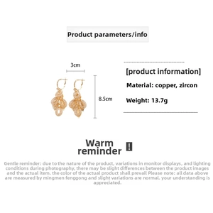 Detail specifications of leaf tassel earrings made of copper and zircon 8.5cm long