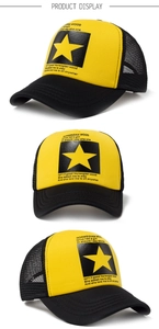 Three views of a black and yellow trucker hat with star print and mesh back panels
