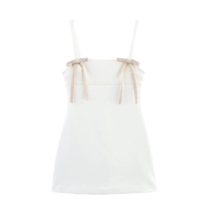 White Satin Mini Dress With Spaghetti Straps And Bow Decor Elegant Sleeveless Party Cami Dress