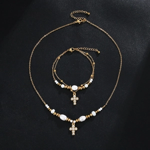 Stainless Steel Necklace And Double Layer Bracelet With Cross Pendant Rhinestones And Artificial Pearls Gold Plated