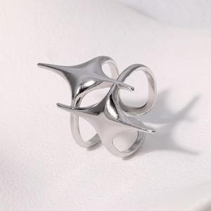Close-up of a silver stainless steel star ring with a geometric cutout cross design