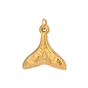 Detailed macro view of an 18K gold whale tail pendant with textured metallic surface