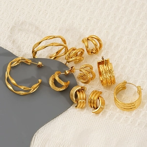 Golden double-layer C-shaped stainless steel earrings set in minimalist fashion style
