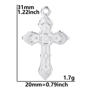 Detailed view of silver stainless steel cross pendant with size 31x20mm and 1.7g weight