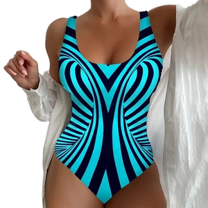 Detail of 3D optical illusion striped one-piece swimsuit in blue and black with white shirt